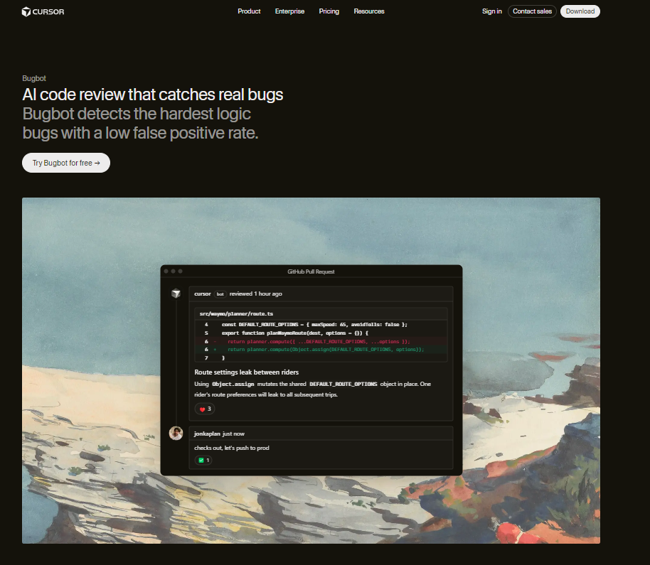 Cursor Bugbot AI code review interface on GitHub pull request detecting logic bugs with low false positive rate