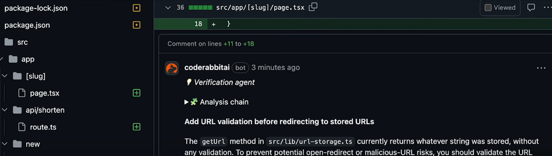 CodeRabbit comment recommending URL validation before redirect in page.tsx
