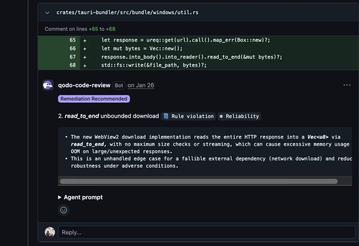 Qodo AI review identifying an unbounded network response that could cause excessive memory usage.
