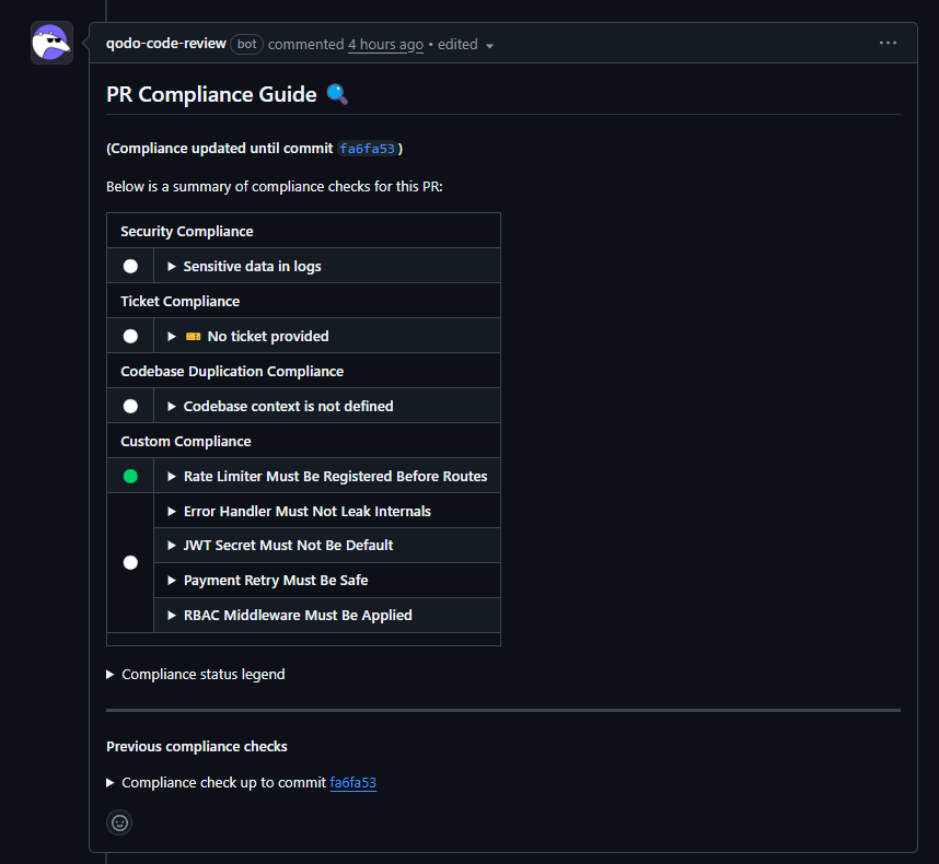 Screenshot of a Qodo PR Compliance Guide comment showing pass/fail status across security, ticket, codebase duplication, and custom compliance checks