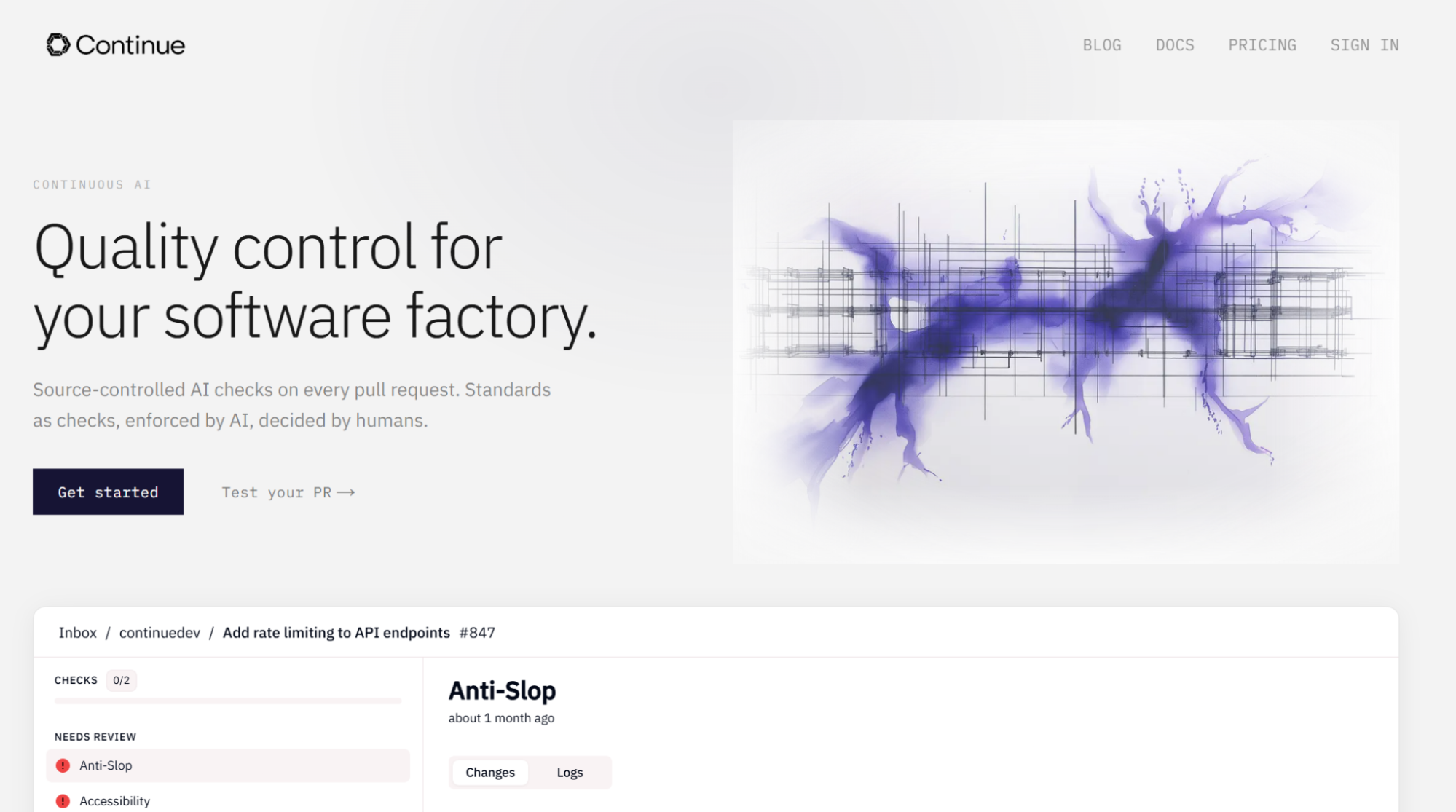 Continue homepage: Quality control for your software factory