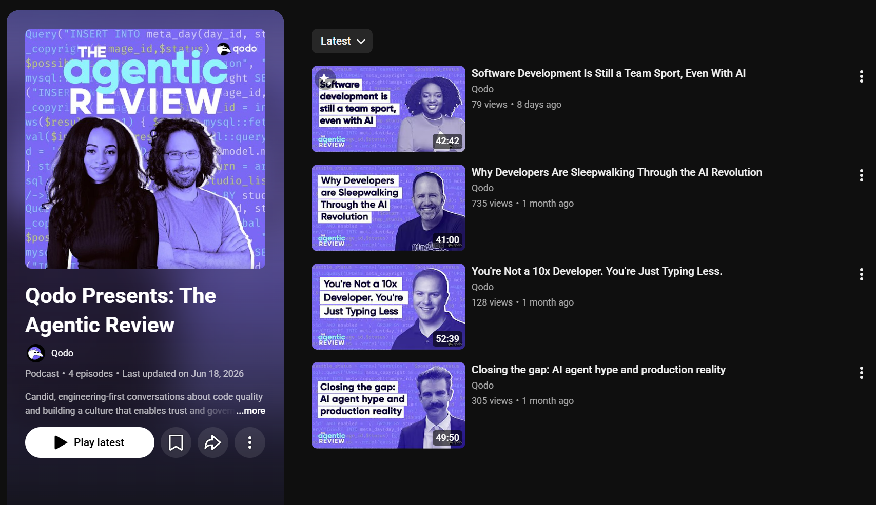 The Agentic Review podcast by Qodo episode list, including "Software Development Is Still a Team Sport, Even With AI"