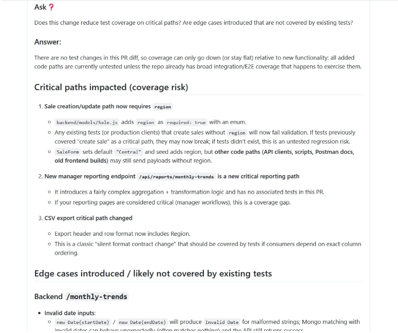 Qodo Ask feature identifying critical paths and untested edge cases in a pull request