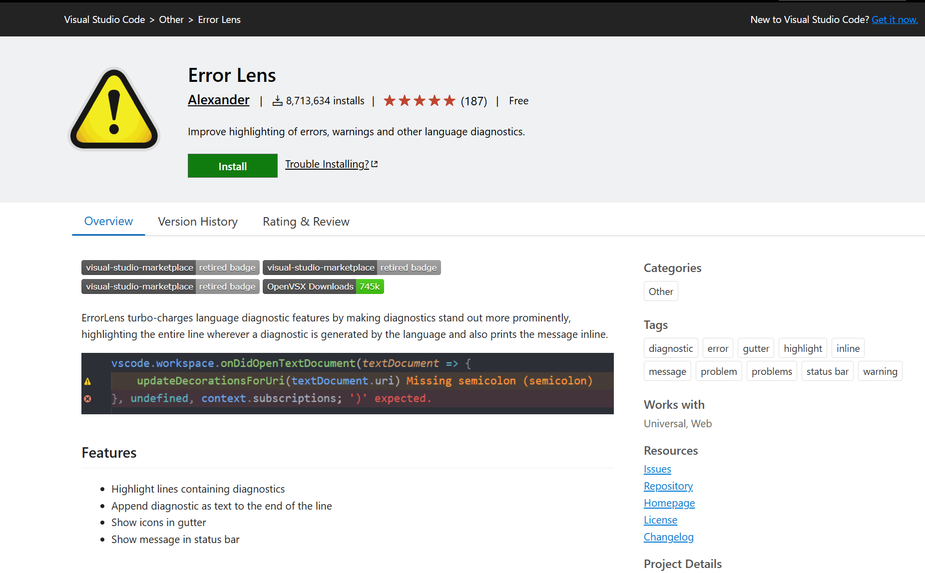 Error Lens VS Code Marketplace listing with features and install stats