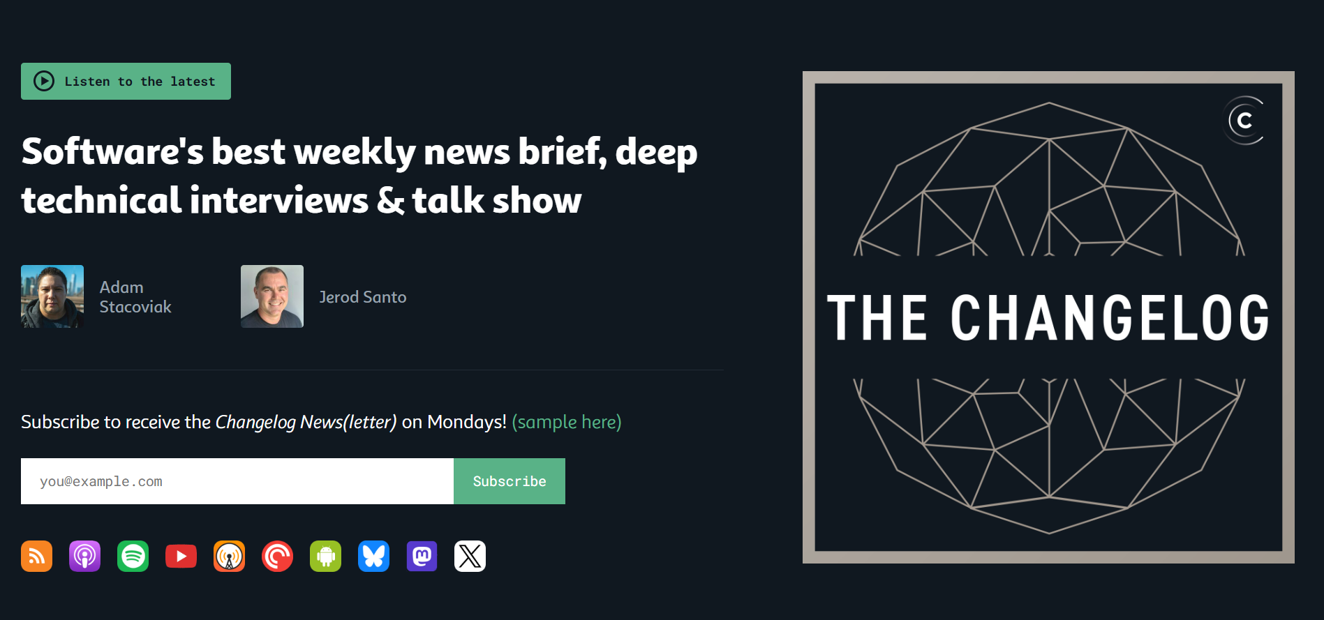The Changelog podcast homepage featuring hosts Adam Stacoviak and Jerod Santo
