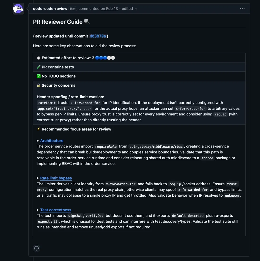 Qodo PR Reviewer Guide showing review effort, security concerns, and focus areas