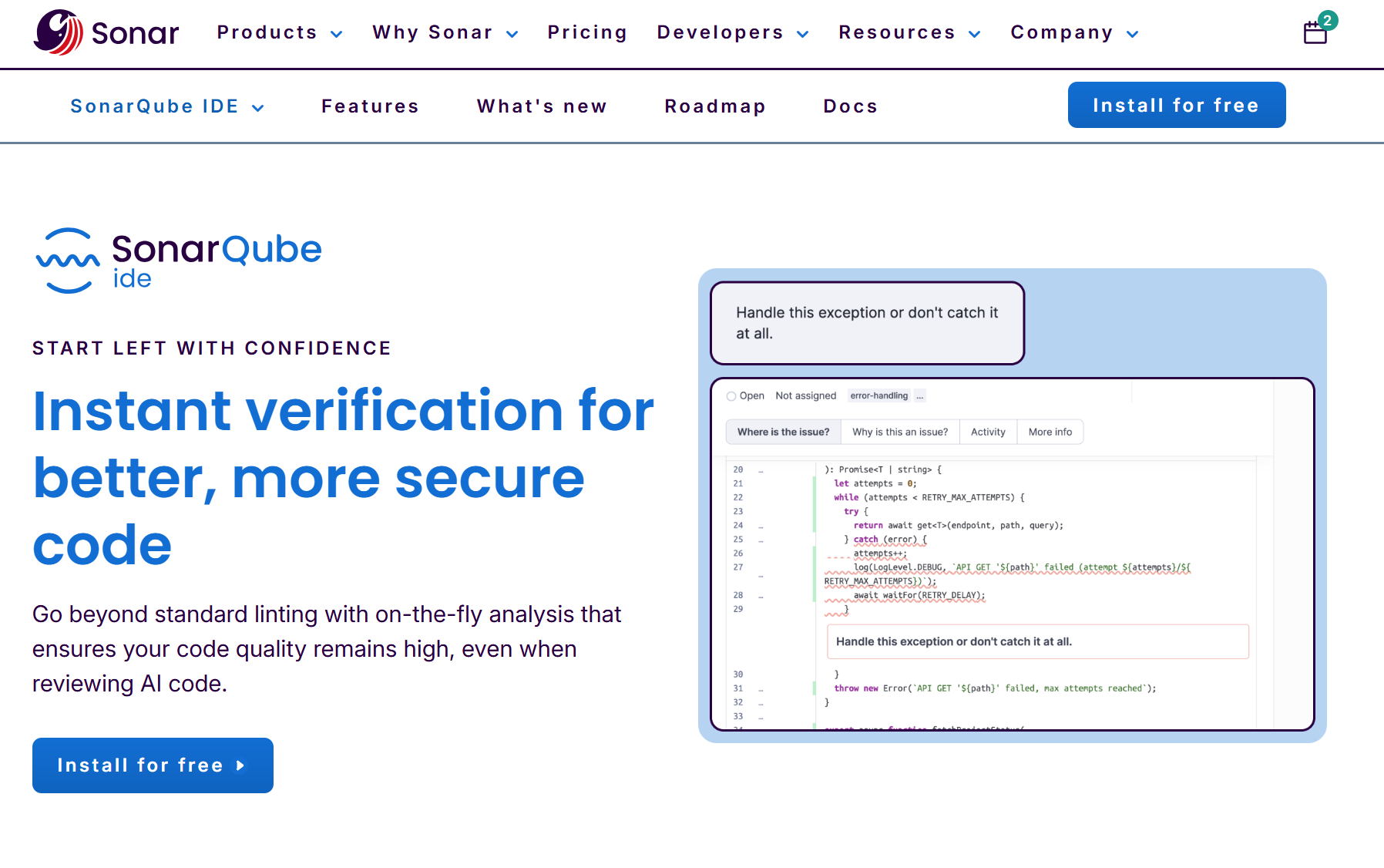 SonarQube IDE homepage: instant verification for better, more secure code