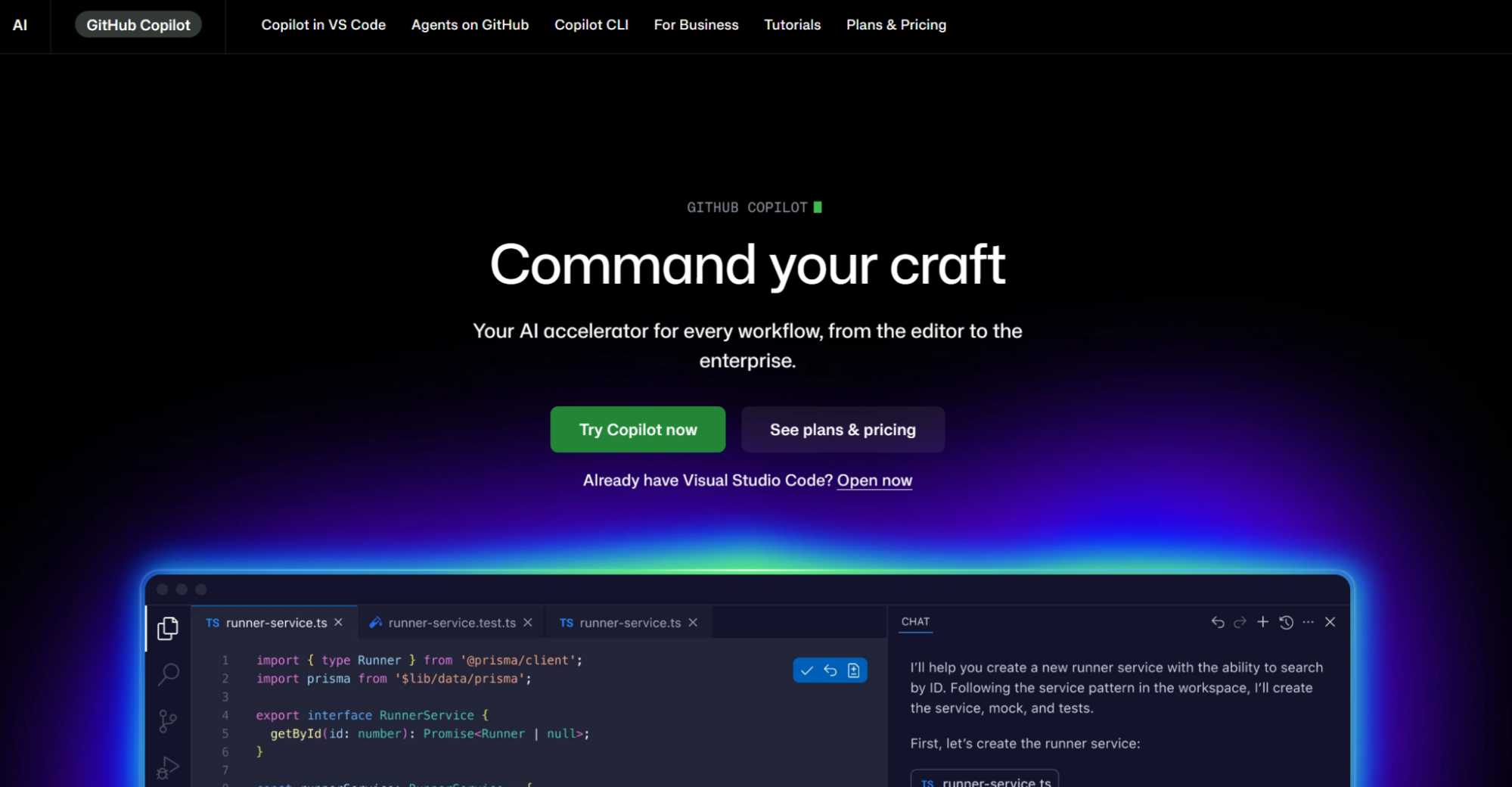 GitHub Copilot homepage: Command your craft