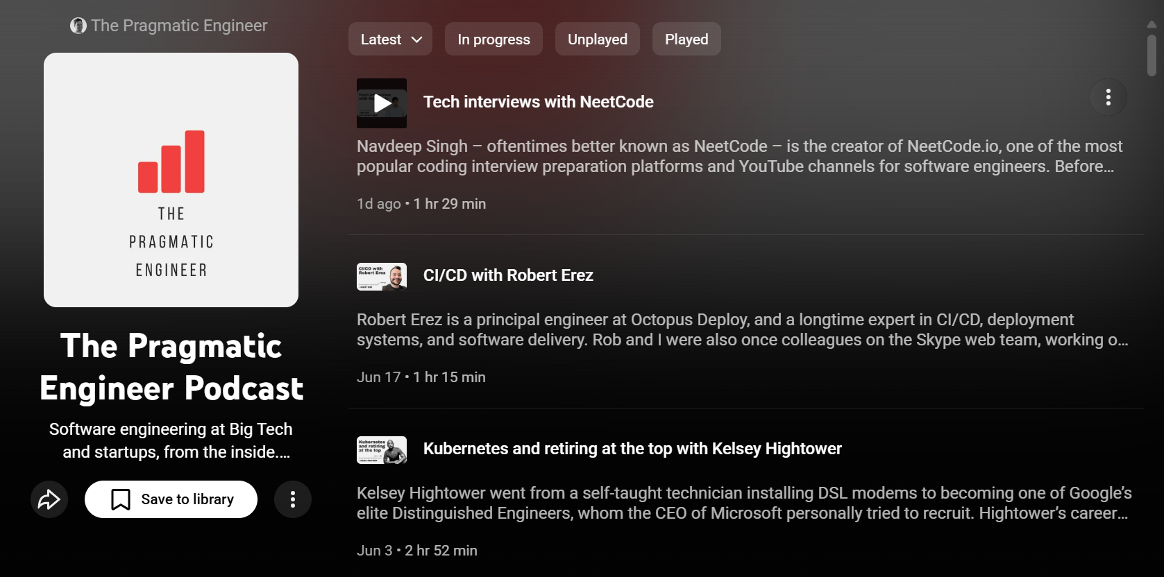 The Pragmatic Engineer podcast episode list showing interviews on CI/CD, Kubernetes, and coding interviews