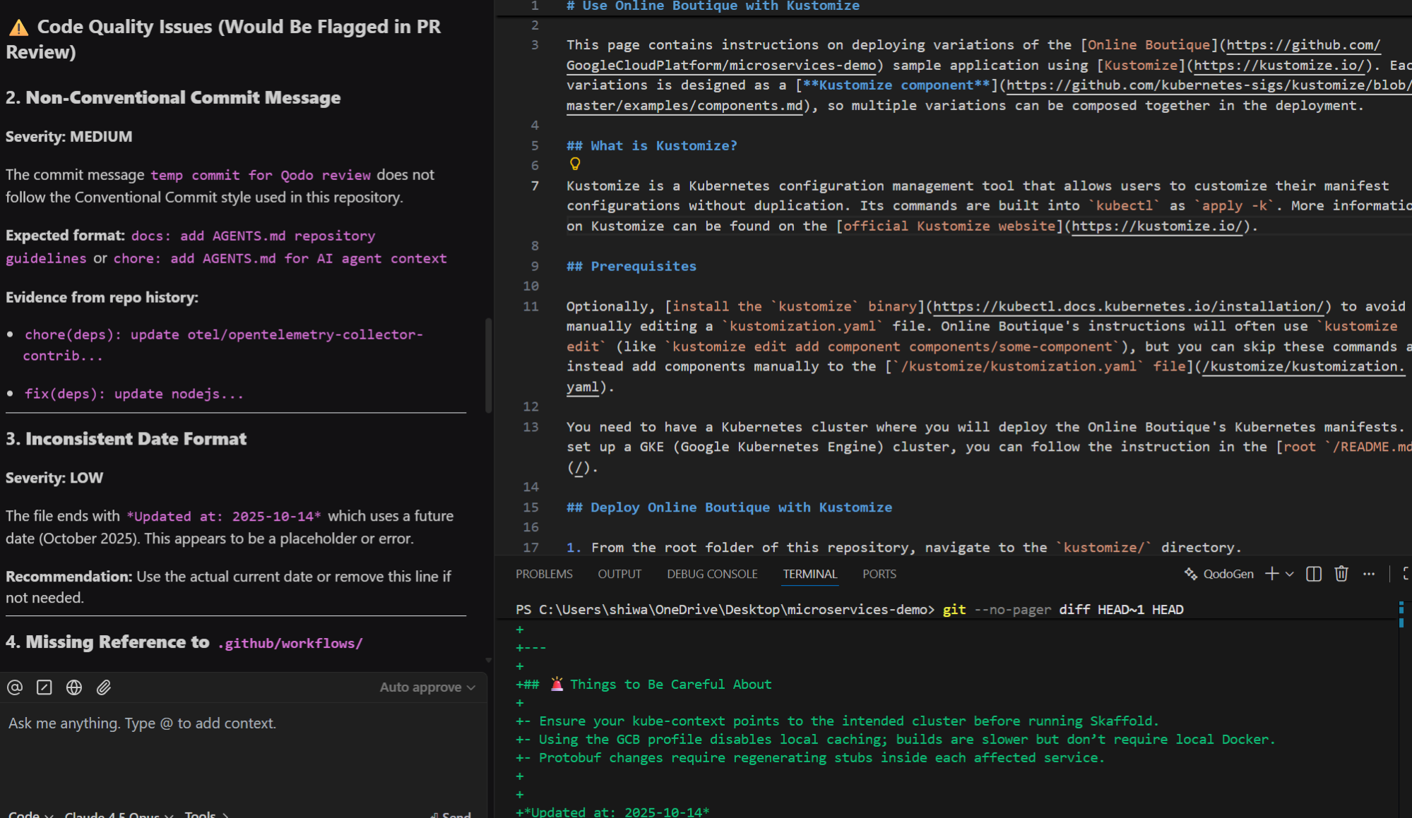 Qodo flagging non-conventional commit message and incorrect date format before push