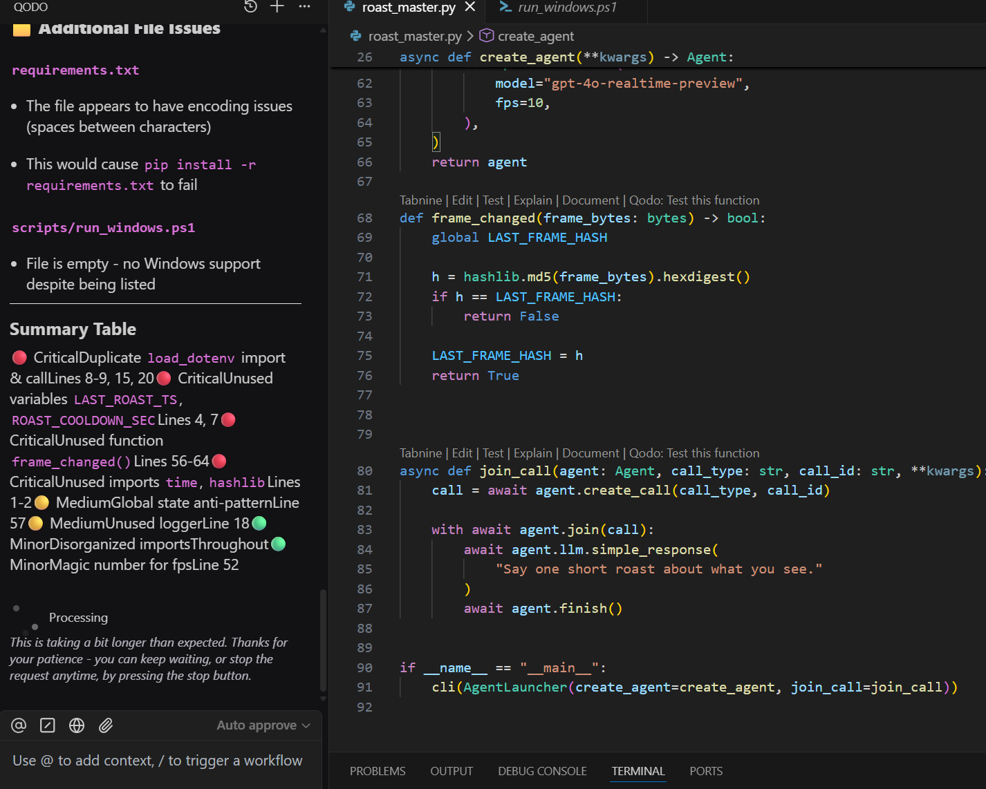 Qodo VS Code extension flagging file issues and summary table by severity