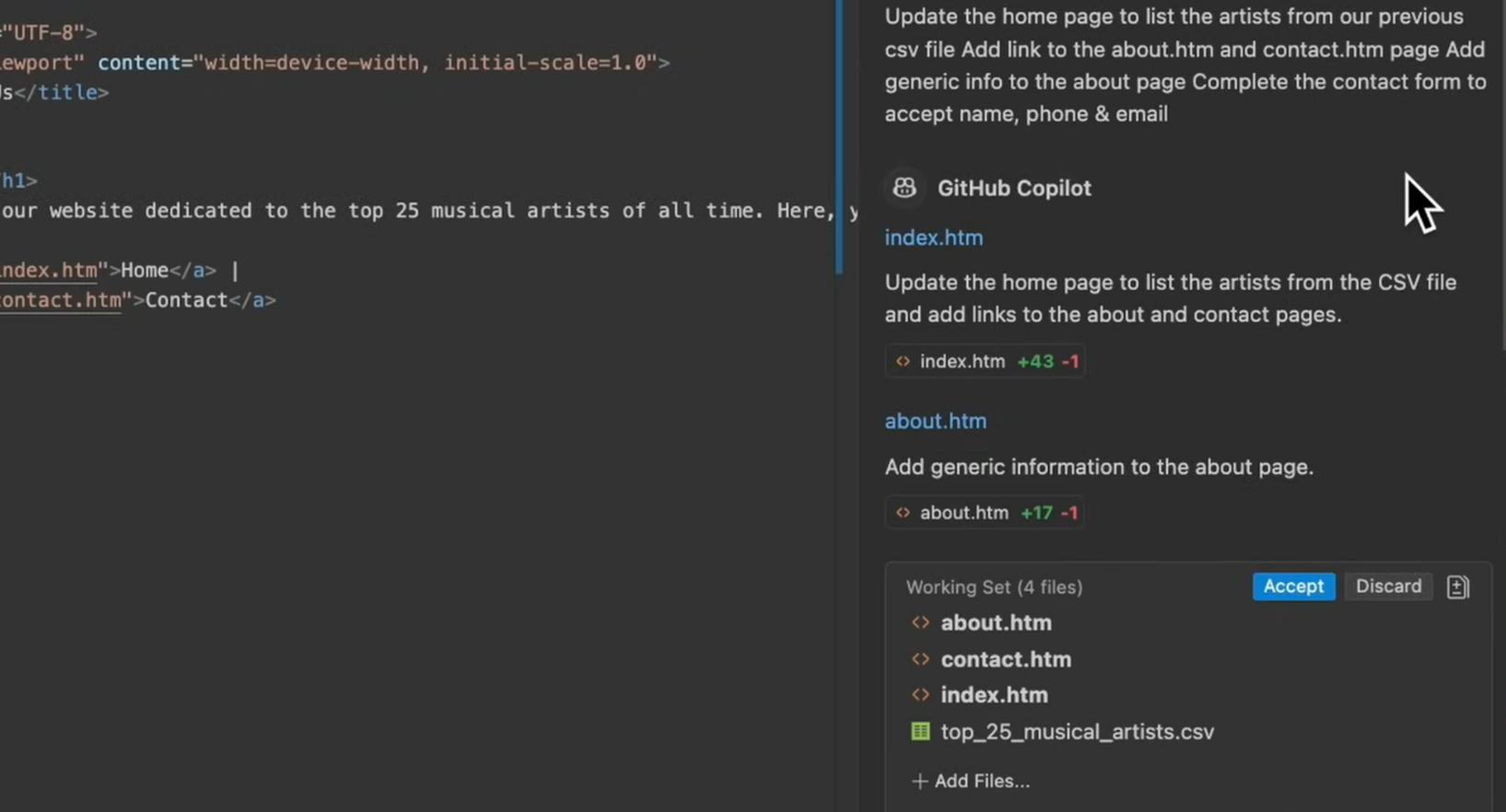 GitHub Copilot generating edits across index.htm, about.htm, and contact.htm
