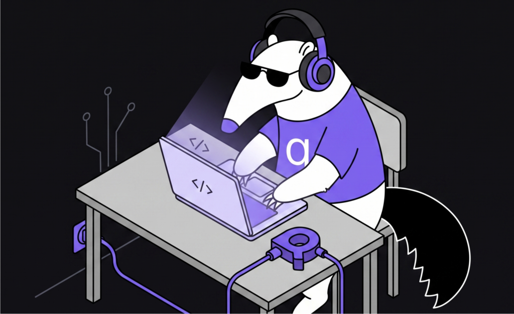 llustrated anteater wearing headphones at a laptop, representing software engineering podcasts for engineering leaders