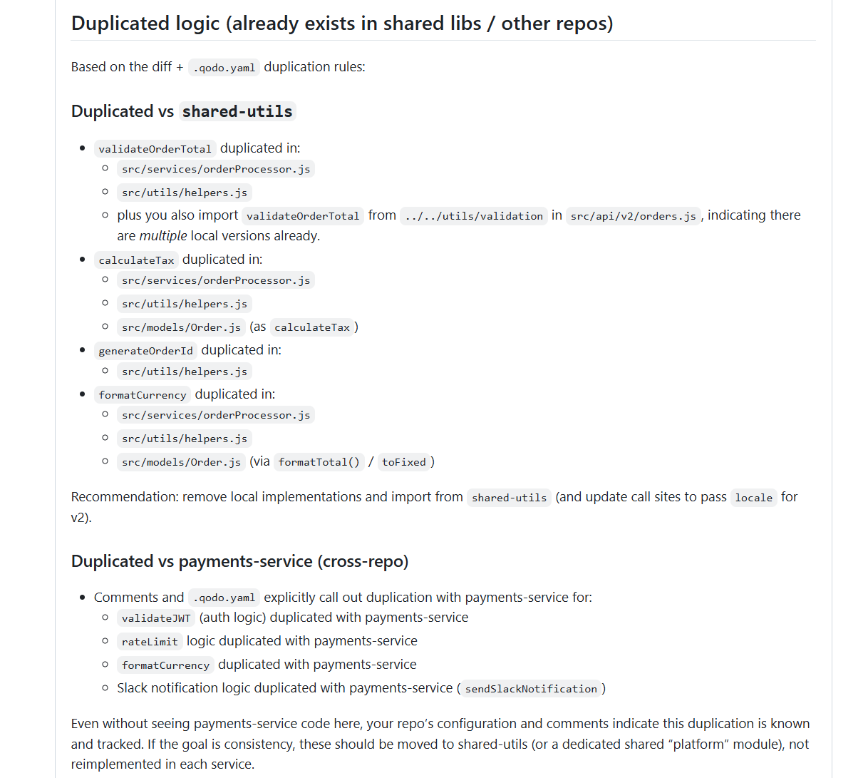 Qodo duplication detection showing functions diverging from shared-utils and payments-service