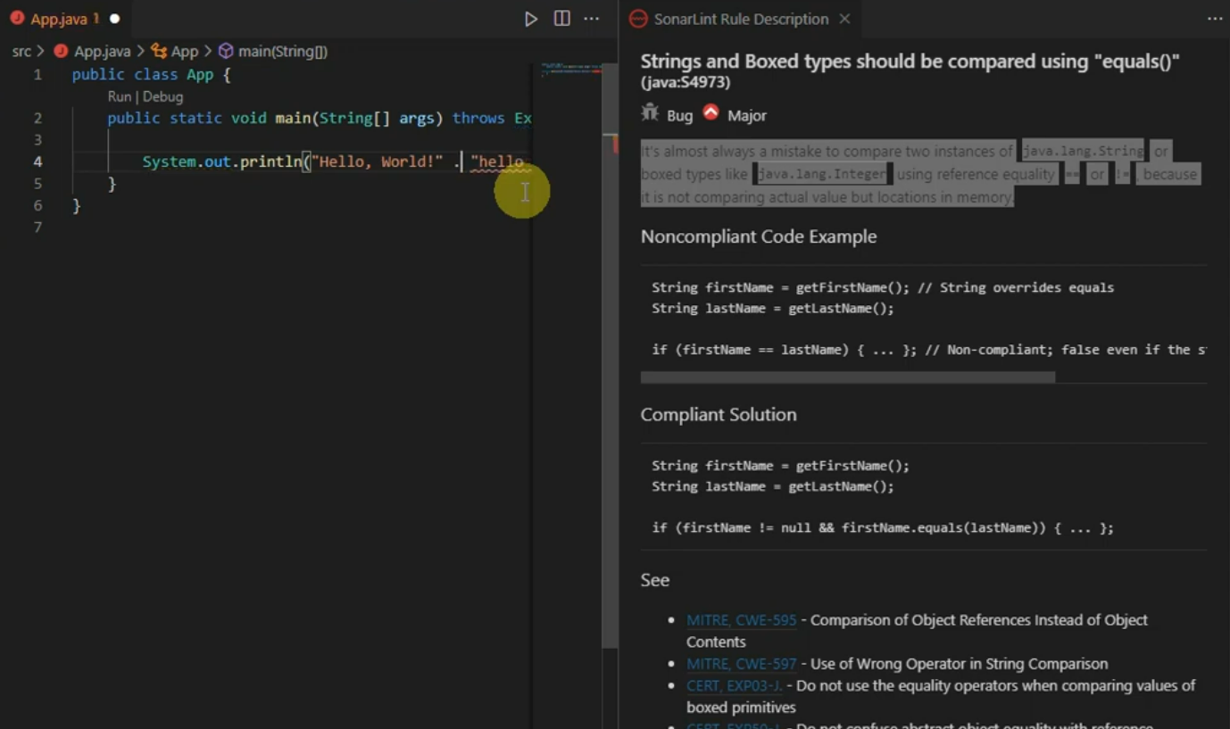 SonarLint flagging incorrect string comparison in Java with equals() fix