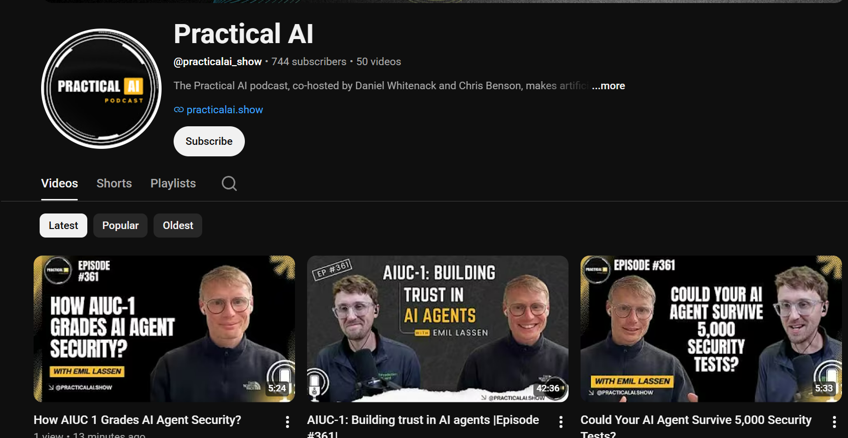 Practical AI podcast YouTube channel showing episodes on AI agent security and AIUC-1 grading
