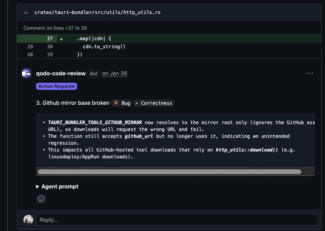 Qodo AI code review flagging an oversized installer download that may exhaust application memory.