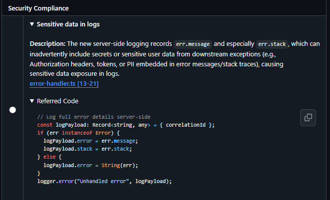 Screenshot of Qodo flagging a sensitive-data-in-logs violation, showing the referenced error-handler code and description of the risk