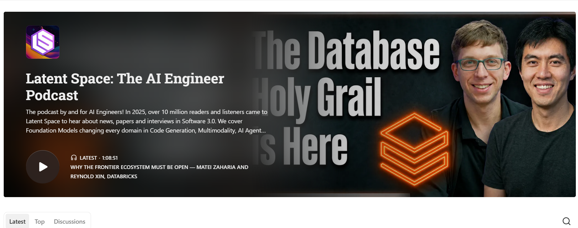 The AI Engineer Podcast: Latent Space podcast cover art featuring hosts swyx and Alessio Fanelli with a database-focused episode title