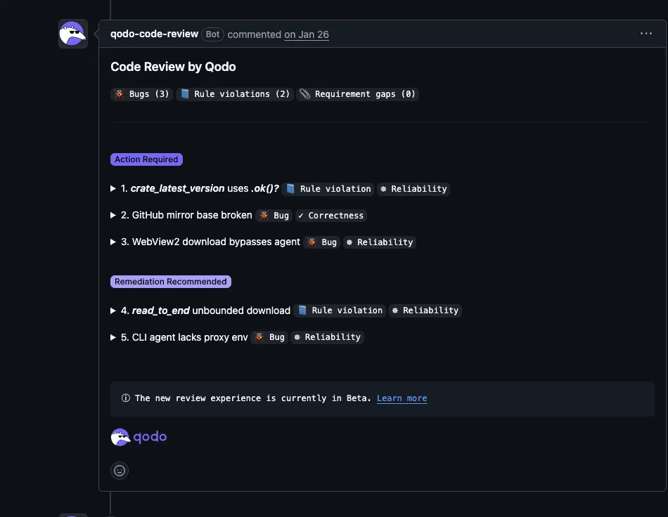 Qodo AI review summary categorizing code review findings into action required and recommended fixes.