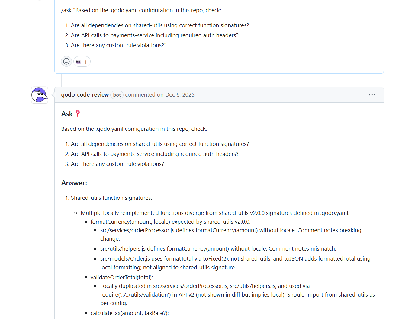 Qodo Ask response checking shared-utils function signatures against .qodo.yaml rules