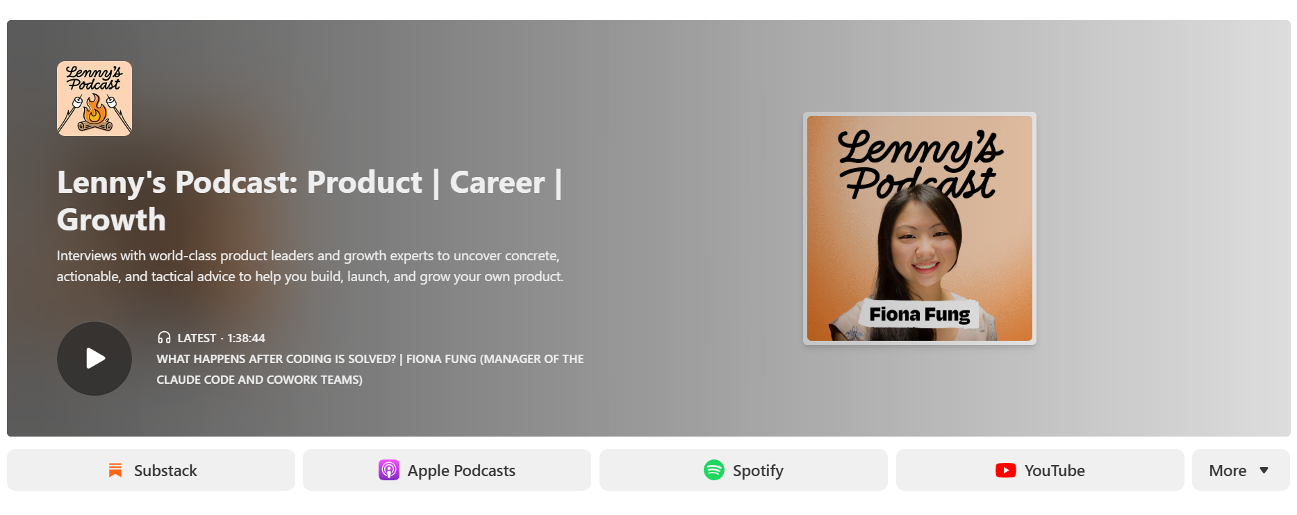 Lenny's Podcast cover art with host Fiona Fung discussing coding and Claude Code
