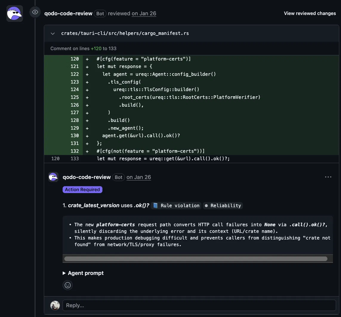 Qodo inline AI code review detecting improper HTTP error handling during pull request analysis.