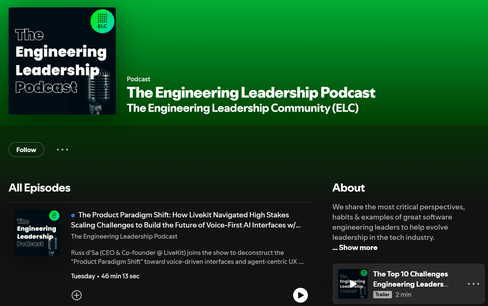 The Engineering Leadership Podcast episode page featuring guest Russ d'Sa of LiveKit