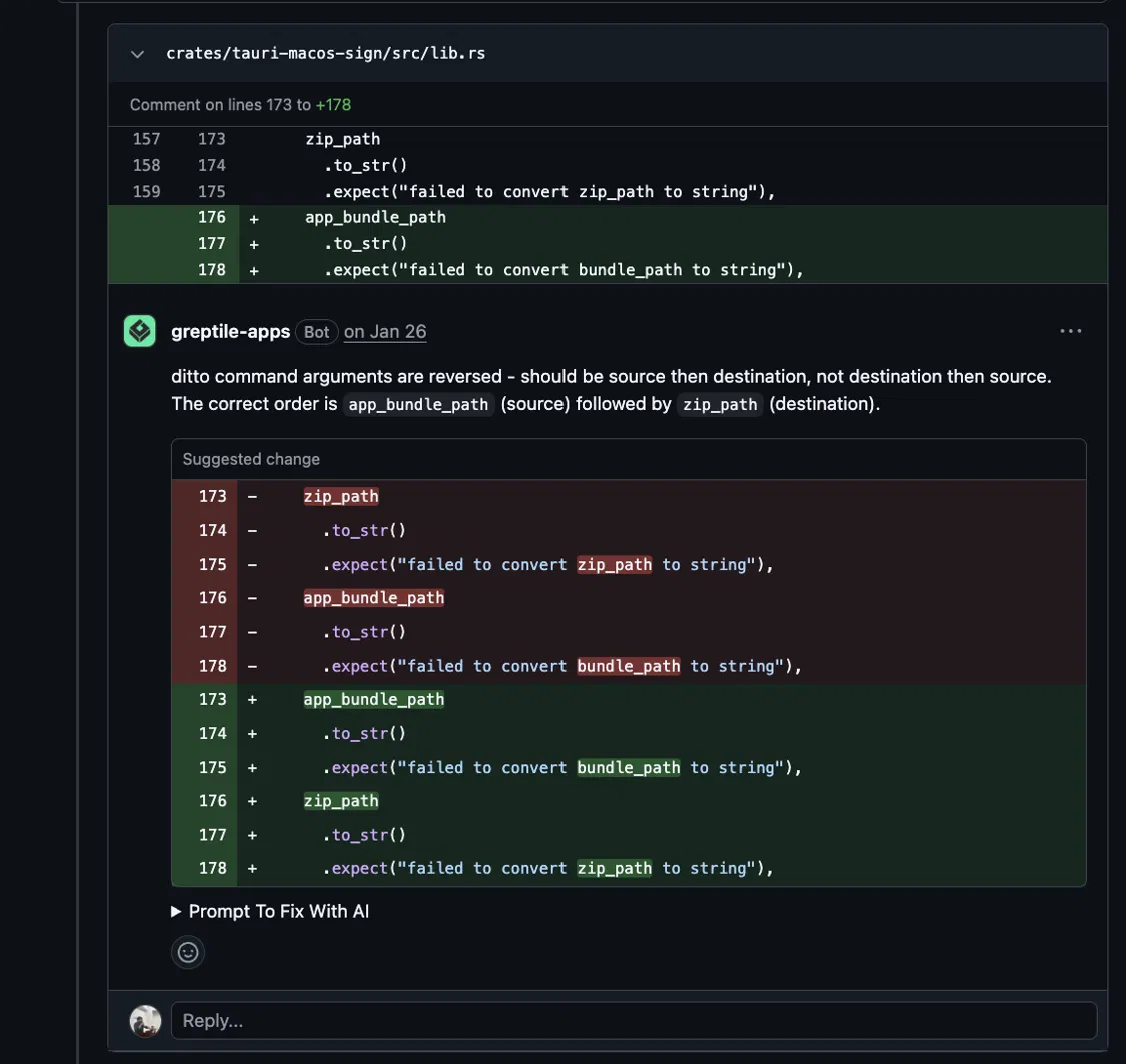 Greptile pull request review highlighting reversed command arguments with an AI-generated code fix suggestion.
