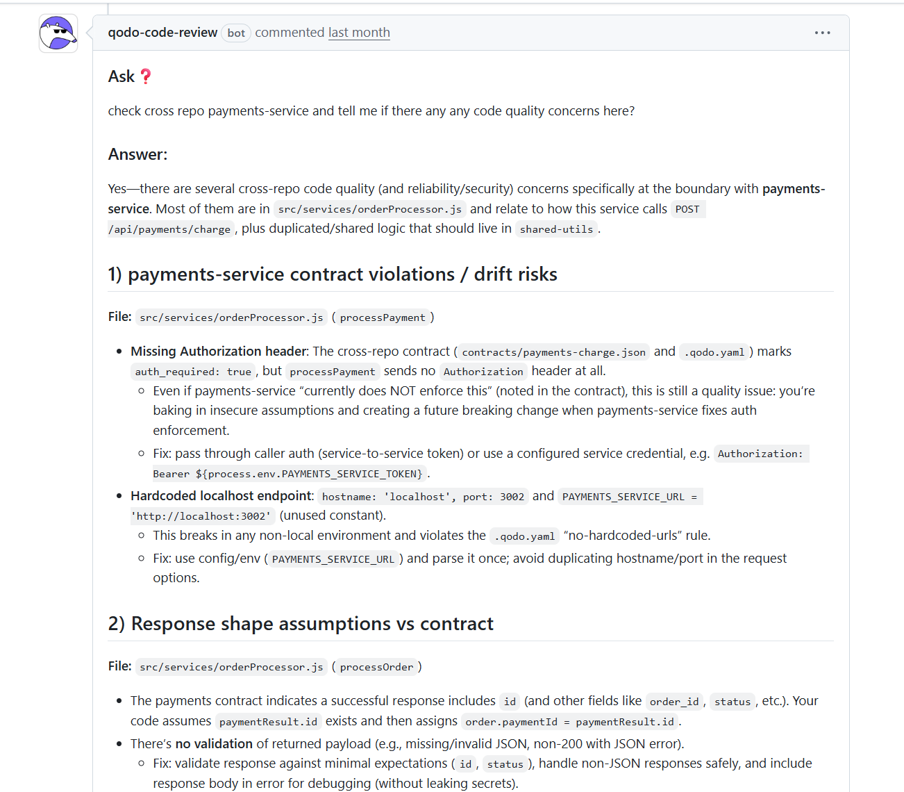 Qodo cross-repo review flagging payments-service contract violations