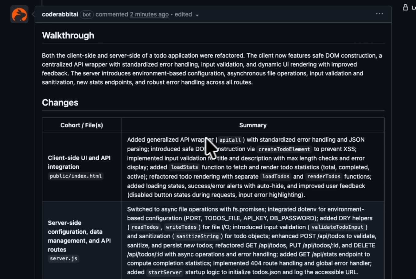 CodeRabbit pull request walkthrough showing file cohort summary table