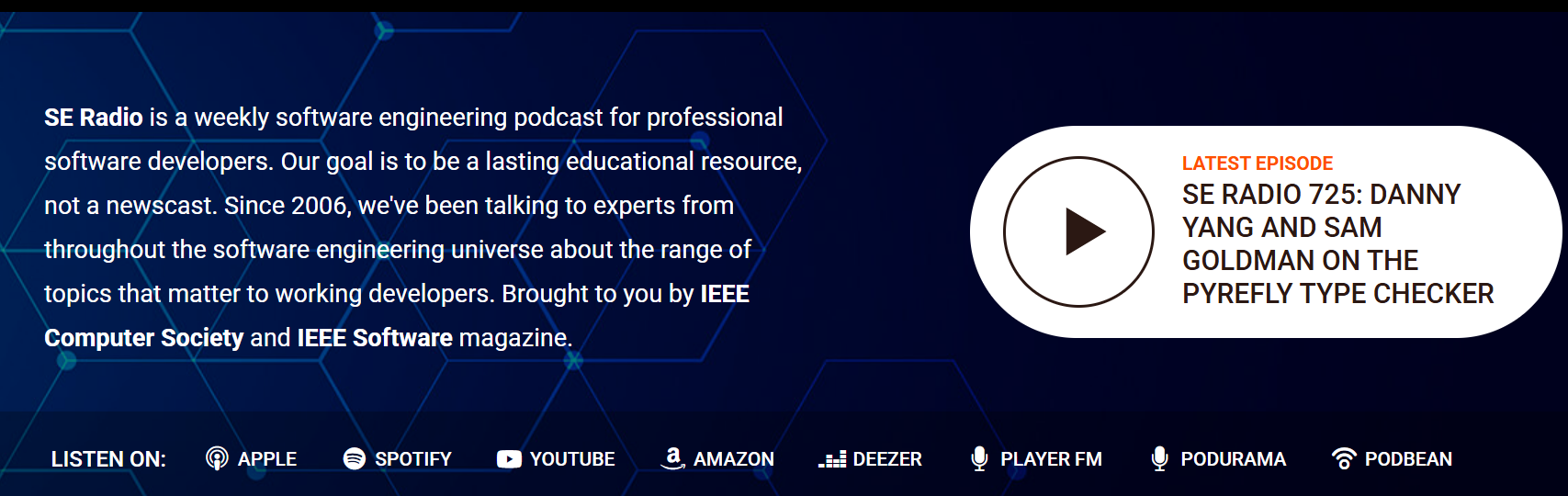Software Engineering Radio podcast homepage showing the latest episode on the Pyrefly type checker