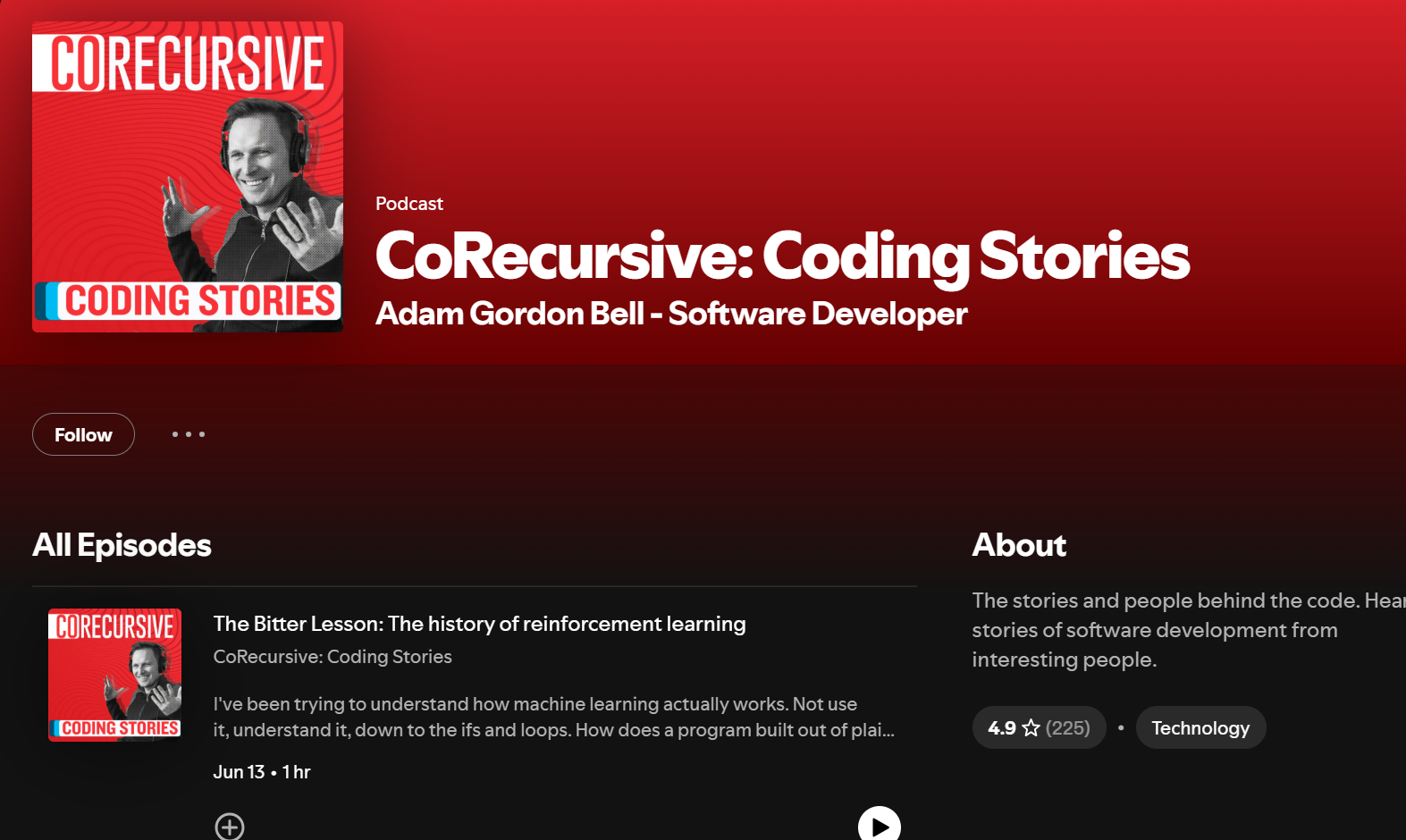 Stories: CoRecursive podcast page hosted by Adam Gordon Bell, showing the episode "The Bitter Lesson: The history of reinforcement learning"