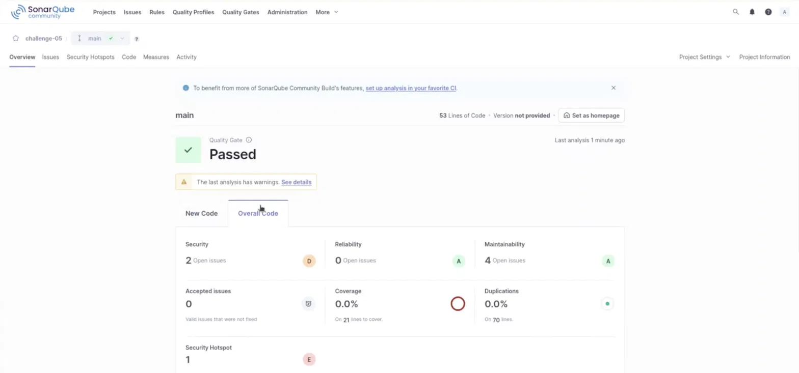 SonarQube project dashboard showing a passed quality gate with security, reliability, and maintainability scores