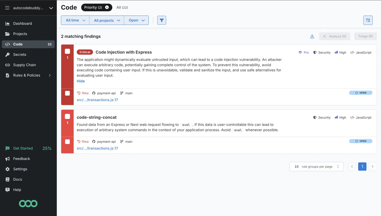 Semgrep dashboard showing two critical priority findings including a code injection vulnerability in a payment API
