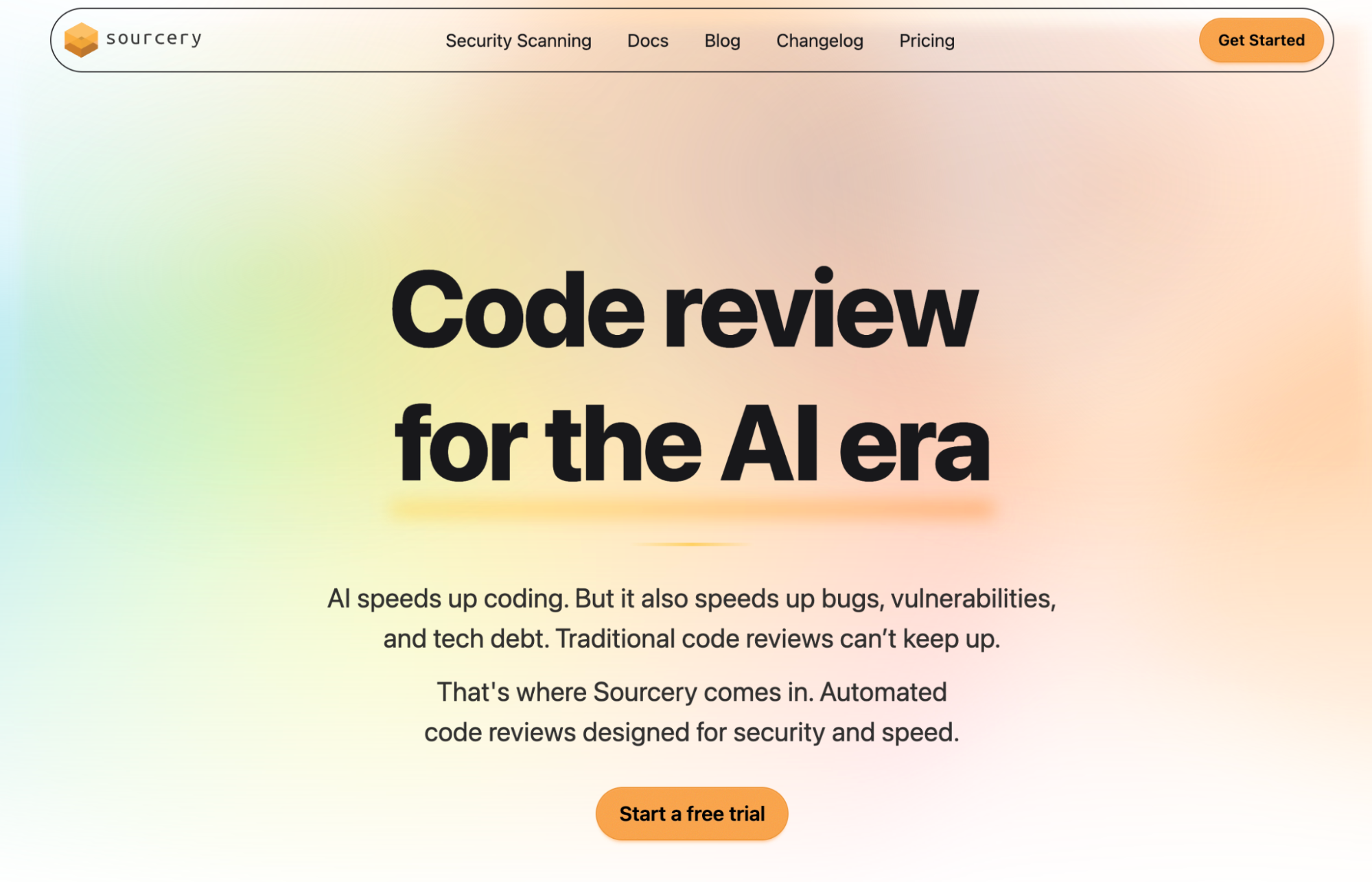 Sourcery homepage describing automated code review built for security and speed in the AI era