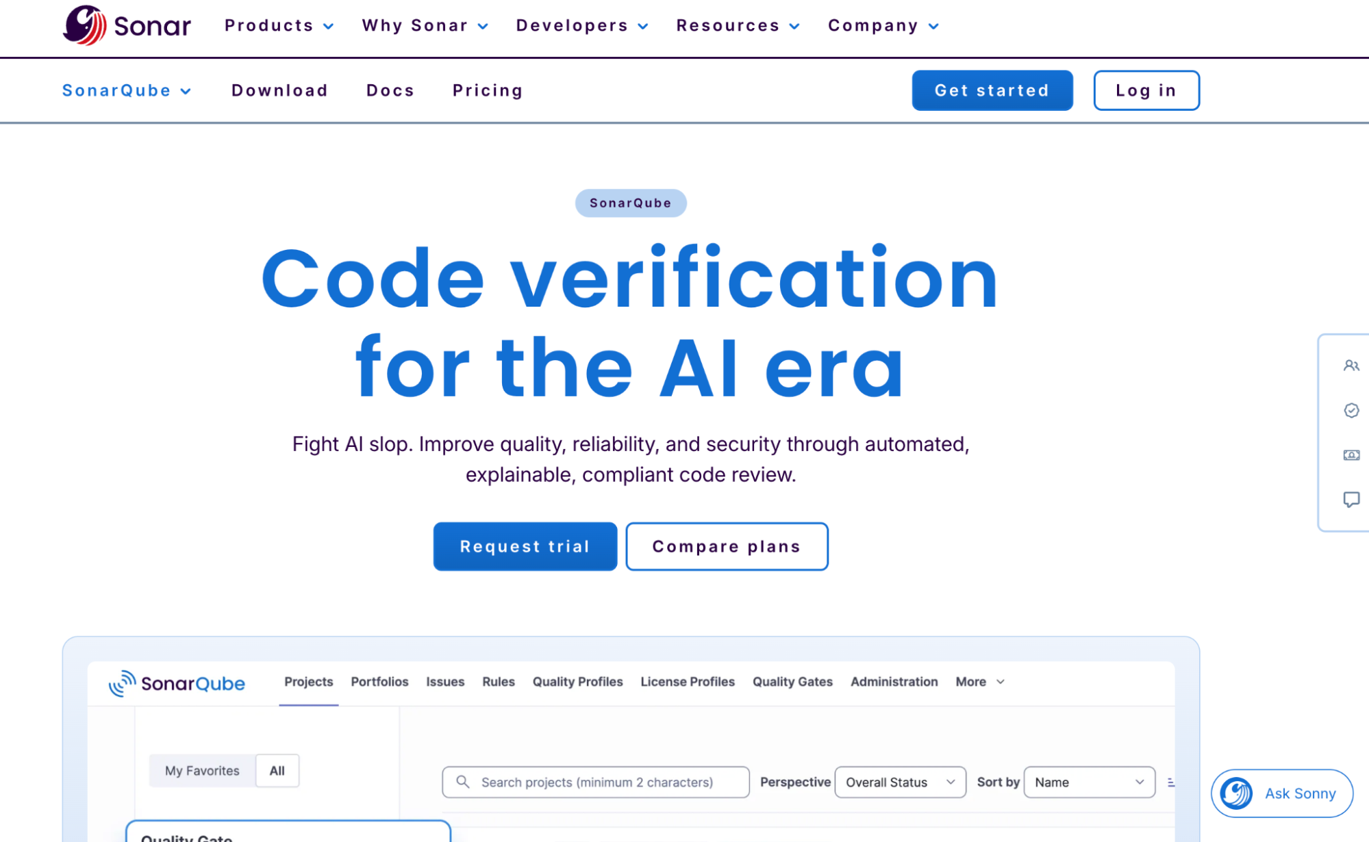 SonarQube homepage promoting automated, explainable code verification for the AI era