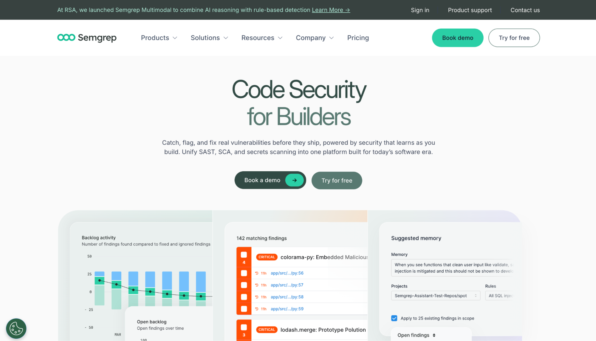 Semgrep homepage showing code security findings, backlog activity chart, and suggested memory panel