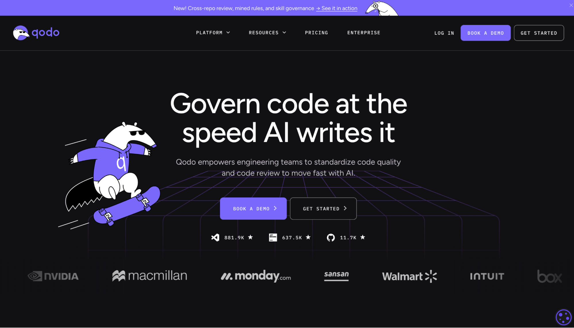Qodo homepage showing its AI code governance platform and customer logos including Nvidia, Walmart, and Intuit