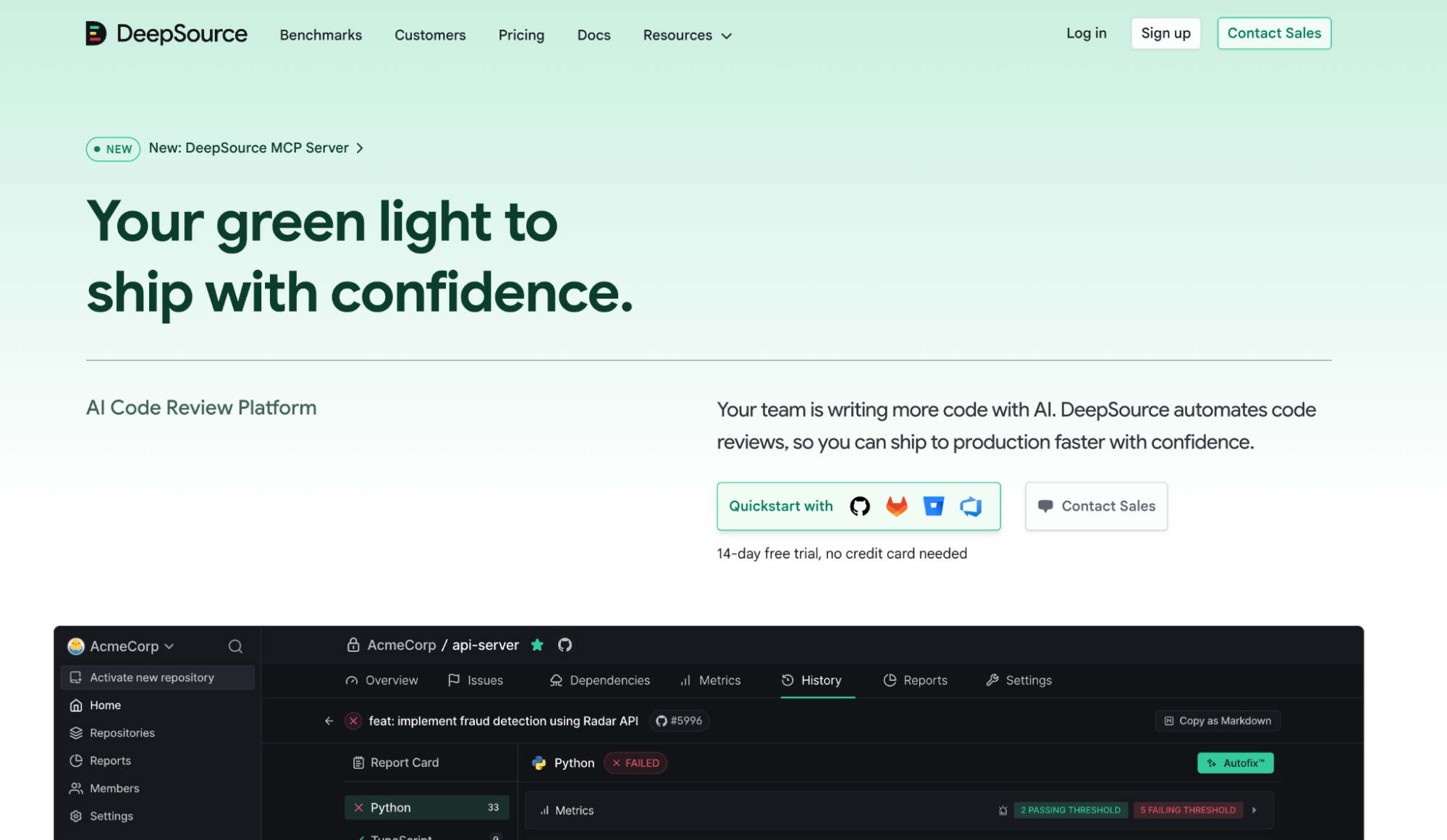 DeepSource homepage showing its AI code review platform and a repository issue report card