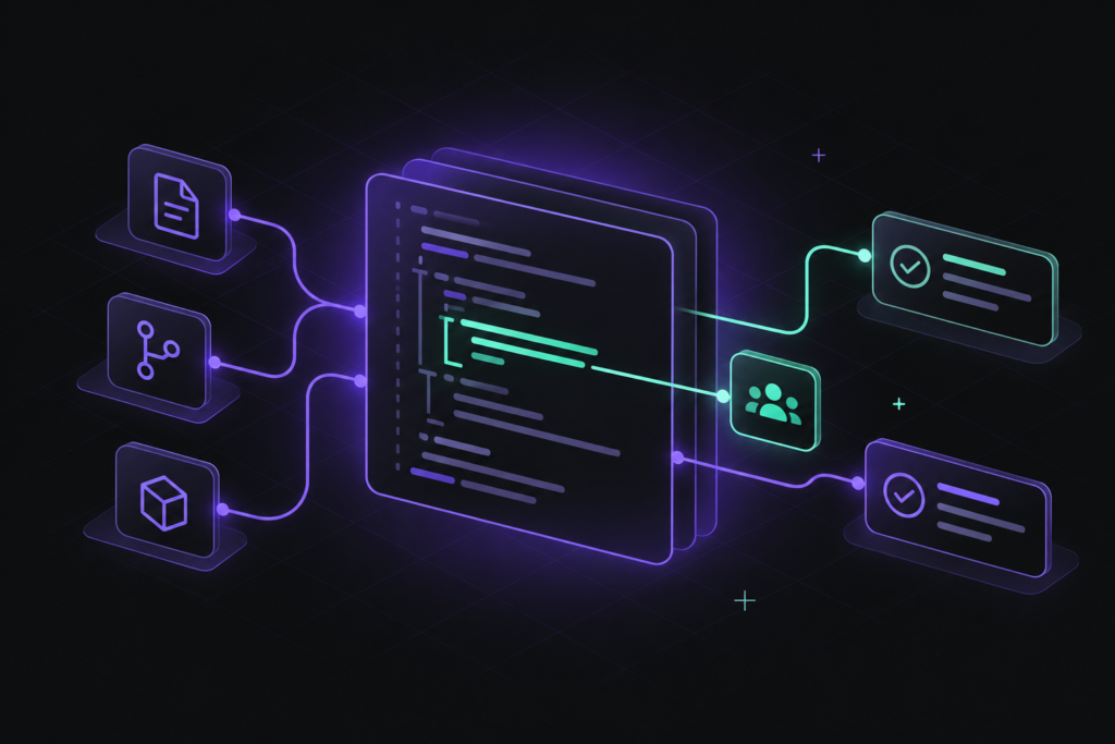 Violet context and dependency tiles feed a layered code panel, preserving a mint conditional branch that connects to a supported-client symbol and checked rule cards.